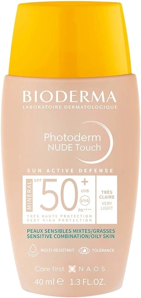Bioderma Photoderm Nude Touch Слънцезащитен оцветен флуид за лице за комбинирана и мазна кожа SPF50+ Светъл нюанс 40 мл