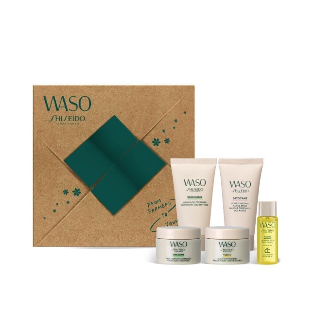 Shiseido WASO Комплект - Mega Hydrating Moisturizer 15 ml + Gel-To-Oil Cleanser 30 ml + Sleeping Mask 15ml +  Pore Purifying Scrub Mask 30 ml