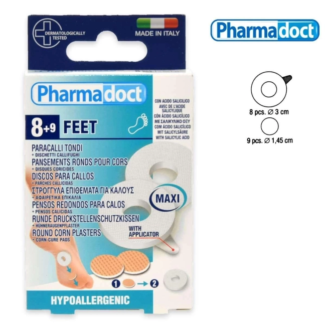 Pharmadoct Feet Кръгли подложки с латекс 8 бр + Калифугатни дискове със салицилова киселина за мазоли 9 бр