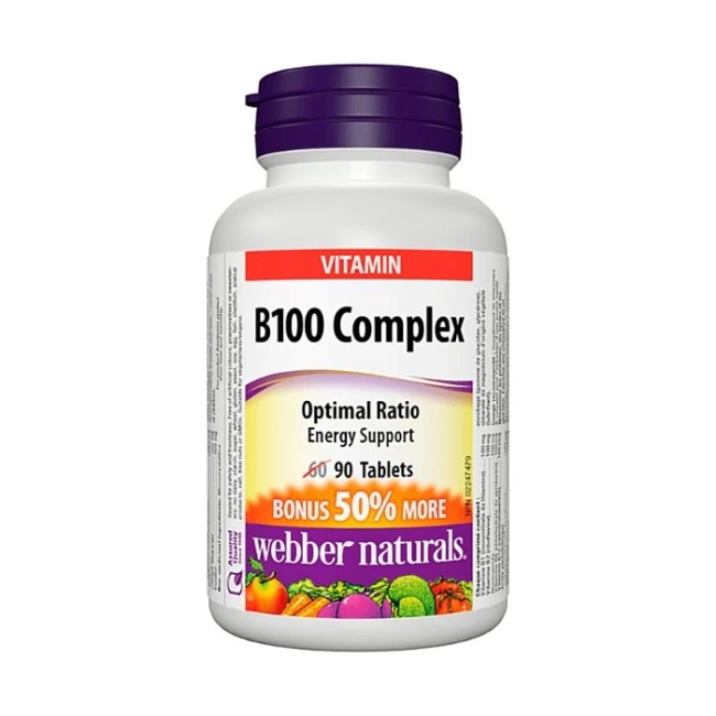 Webber Naturals Сърдечно-съдово здраве, енергия, мозъчна дейност - Витамин В100 Комплекс, 90 таблетки