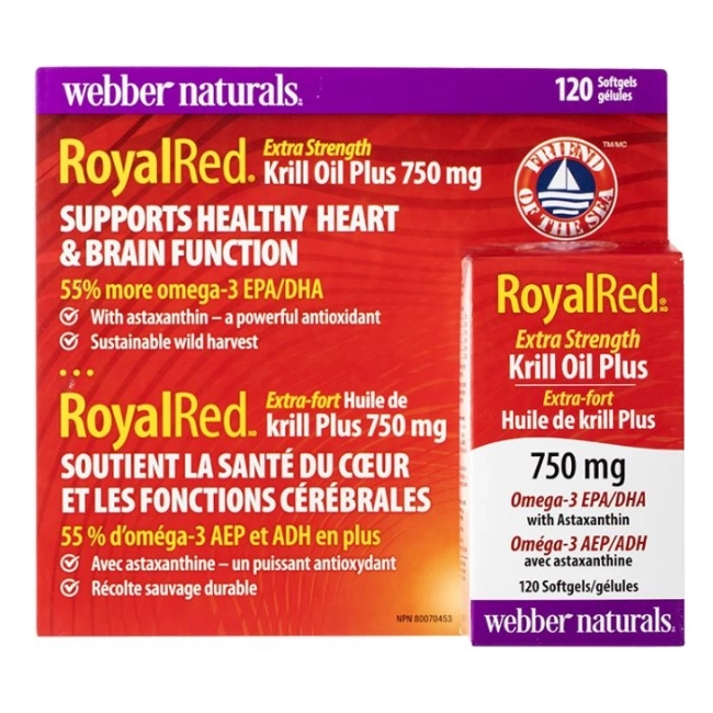 Webber Naturals Тройна комбинация в подкрепа на сърцето и мозъка - Крил масло + Омeга-3 и астаксантин RoyalRed, 120 софтгел капсули