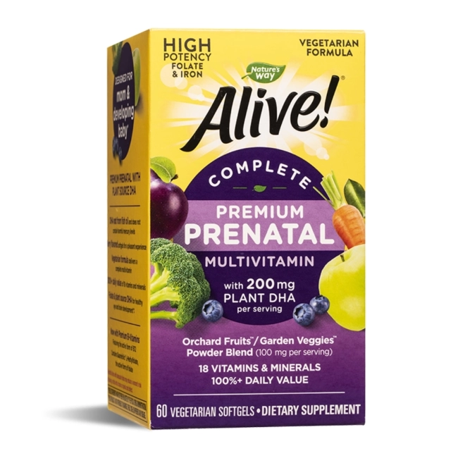 Nature's Way Alive Мултивитамини за бременни премиум Алайв с растителна DHA - Alive! Complete Premium Prenatal Multivitamin, 60 софтгел капсули