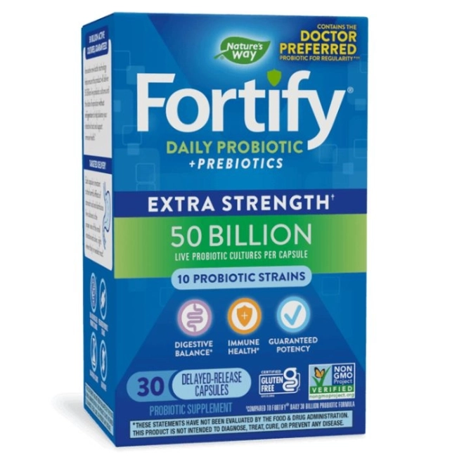 Nature’s Way Пробиотик + пребиотици – високо дозирани - Fortify Probiotic Extra Strength, 50 млрд. активни пробиотици, 30 капсули