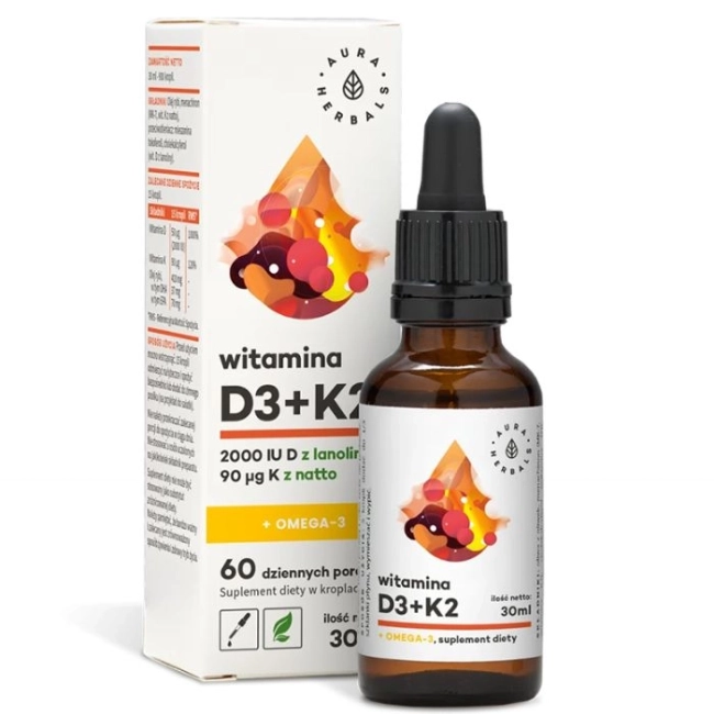 Aura Herbals В подкрепа на костите, имунитета и мозъчната функция - Витамин D3 + K2 + Oмега-3, 30 ml капки