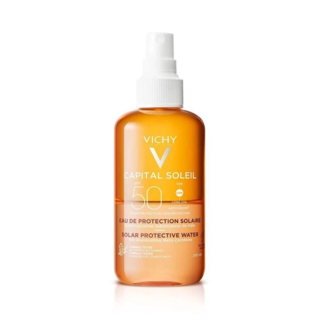 Vichy Capital Soleil Слънцезащитна вода за лице и тяло за подобряване на тена SPF50 200 мл