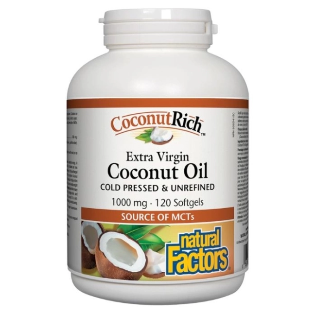 Natural Factors CoconutRich™ Coconut Oil Extra Virgin / Кокосово масло 1000 mg x 120 софтгел капсули