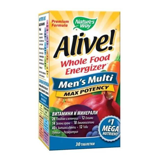 Nature`s Way Мултивитамини за мъже максимум сила Алайв - Alive! Men's Multi Max Potency Whole Food Energizer, 30 таблетки