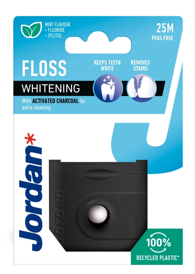 Jordan Whitening Floss Избелващ конец за зъби спомага за премахването на петна и зъбен камък 25 м