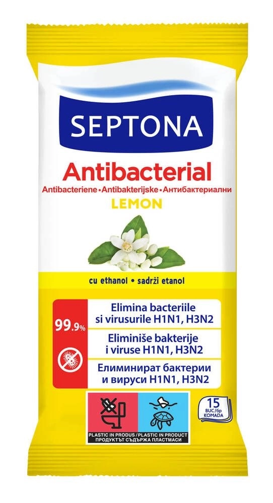 Septona Antibacterial Антибактериални мокри кърпи с аромат на лимон 15 бр