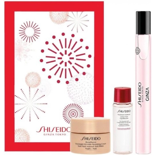 Shiseido Benefiance Нощен крем 30 мл + Овлажнител за кожа 30 мл + Парфюмна вода Ginza EDP 10 мл Комплект за жени
