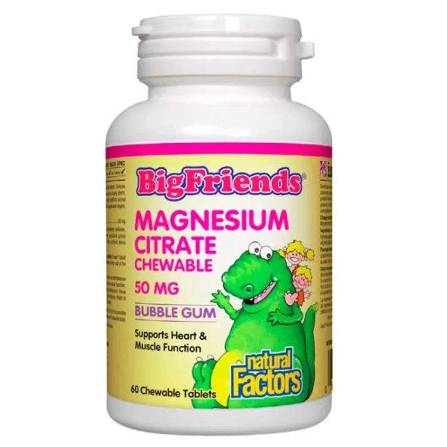 Natural Factors Magnesium Citrate Big Friends - Магнезий (цитрат) за деца 50 mg, 60 дъвчащи таблетки с вкус на дъвка