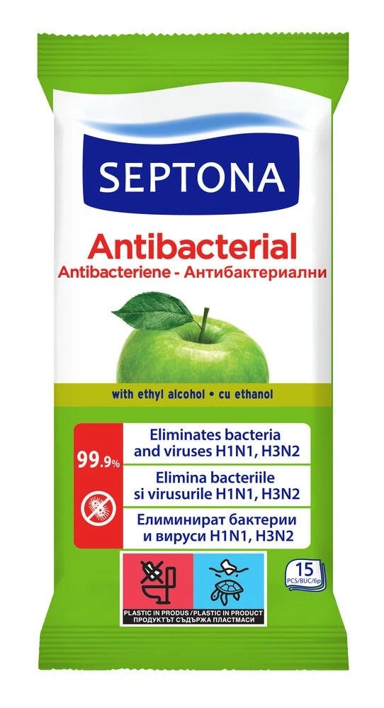 Septona Antibacterial Антибактериални мокри кърпи за ръце с аромат на зелена ябълка 15 бр