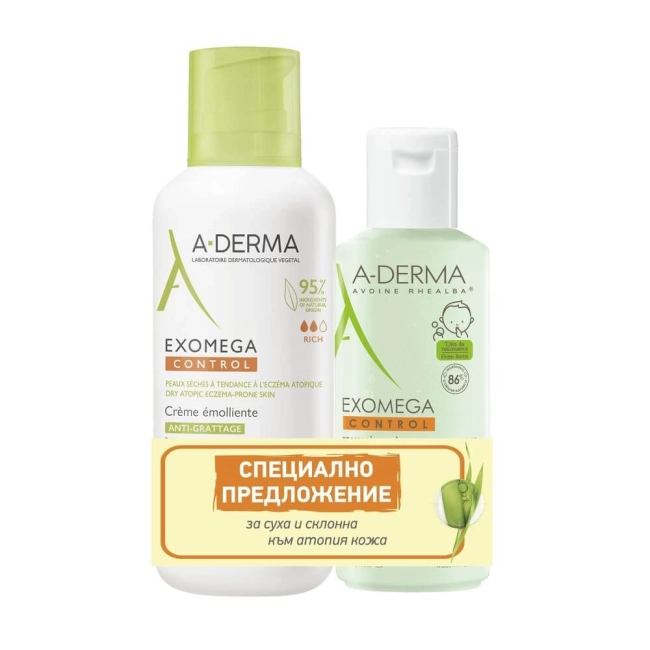 A-Derma Exomega Control Емолиентен крем за суха и атопична кожа 400 мл + A-Derma Exomega Control Емолиентeн почистващ гел 2в1 за кърмачета и деца 200 мл