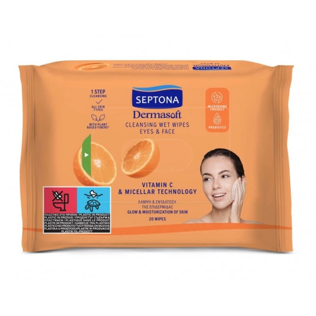 Septona Dermasoft Vitamin C Мокри кърпи за очи и лице с Витамин C 20 броя