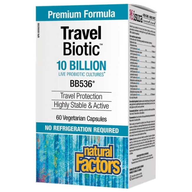 Natural Factors Travel Biotic™ BB536® - Пробиотик (подкрепа при далечни пътувания), 10 млрд. активни пробиотици, 60 капсули