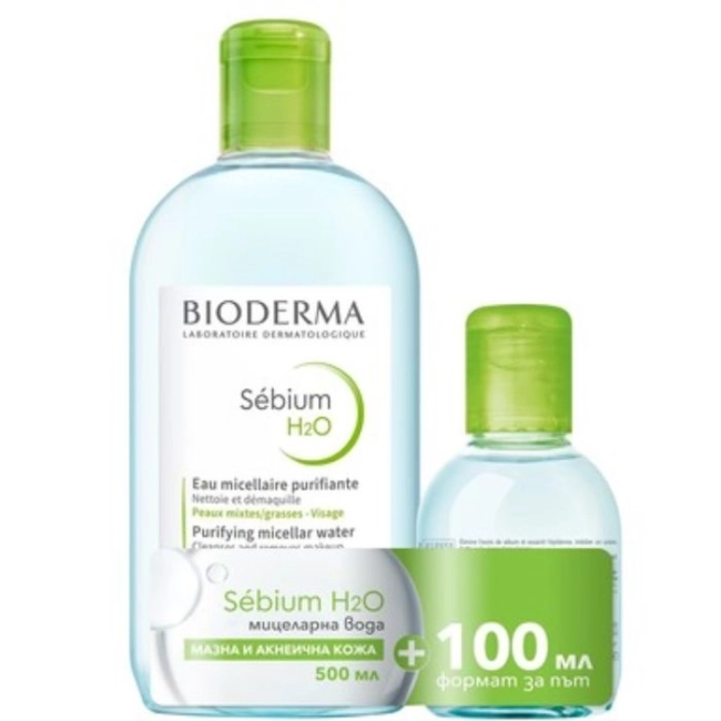 КОМПЛЕКТ Bioderma Sebium H2O Мицеларна вода за мазна кожа х500 мл + Мицеларна вода за мазна кожа формат за път х100 мл
