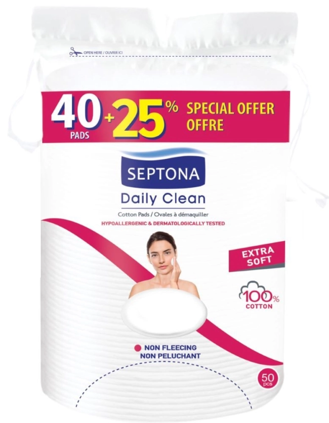 Septona Daily Clean Двулицеви овални тампони за почистване на грим 40+25 