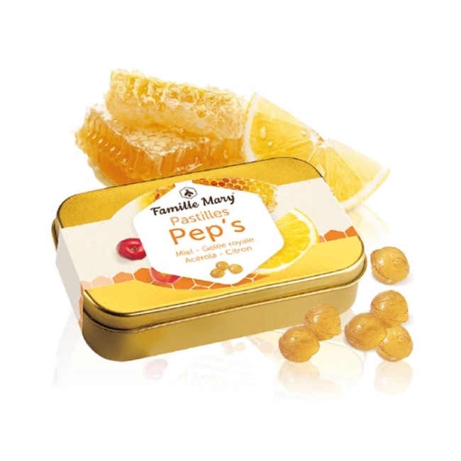 Famille Mary Пастили за тонус и жизненост Pep's  - Таблетки за смучене с мед, пчелно млечице, ацерола и етерично масло от лимон, 60 g