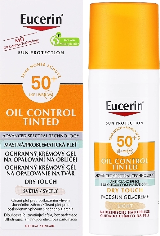 Eucerin Oil Control Tinted Оцветен слънцезащитен гел-крем за мазна и акнеична кожа светъл нюанс SPF50+ х50 мл