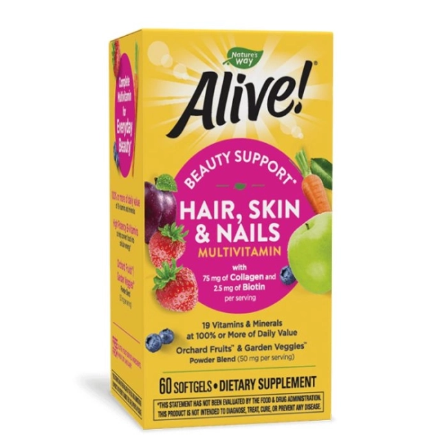 Nature's Way Alive Мултивитамини за коса, кожа и нокти Алайв - Alive! Hair, Skin & Nails Multivitamin, 60 софтгел капсули