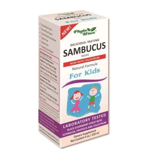 Phyto Wave Самбукус Нигра сироп за деца с черен бъз, ехинацея, прополис и коластра - Sambucus Nigra for Kids, 120 ml