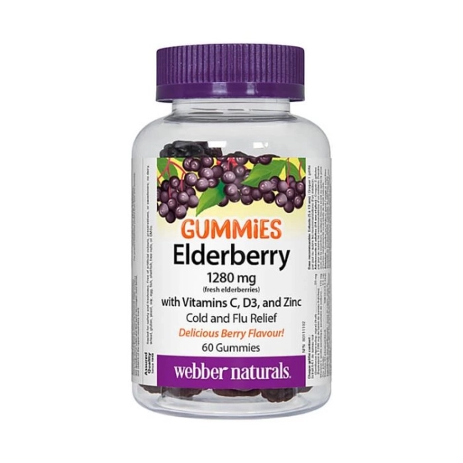Webber Naturals Черен бъз + витамини C, D3 и цинк – Комплексна формула за силен имунитет, 60 желирани таблетки