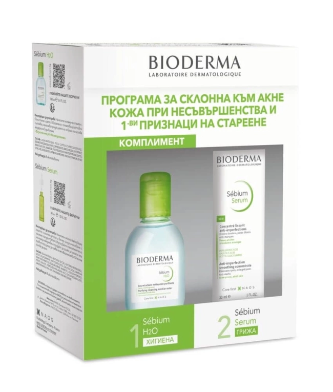 КОМПЛЕКТ Bioderma Sebium Почистваща мицеларна вода без изплакване за комбинирана и мазна кожа х100 мл + Sebium Serum Серум за кожа, склонна към акне х30 мл