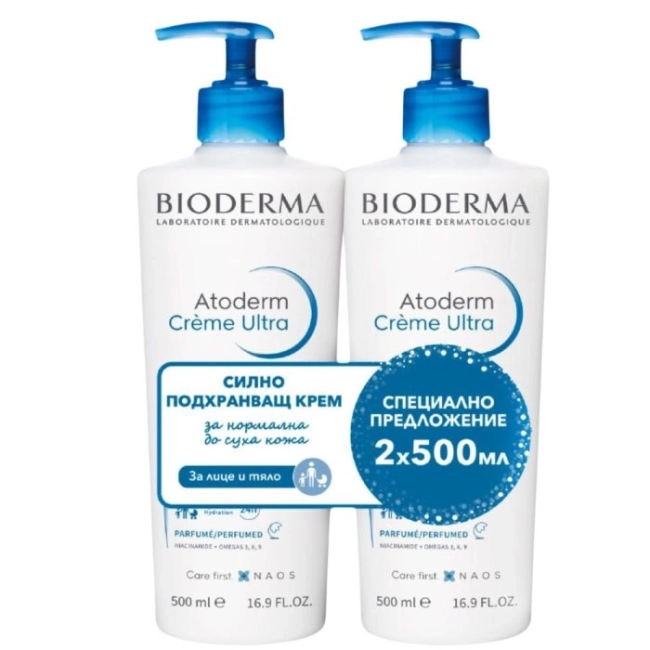 ПРОМОЦИЯ Bioderma Atoderm Ultra Успокояващ хидратиращ крем ултра за лице и тяло без аромат 2 х 500 мл