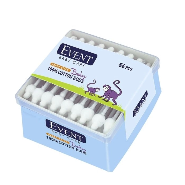 EVENT Бебешки клечки за уши с хартиена дръжка и ограничител 100% памук, 56 броя