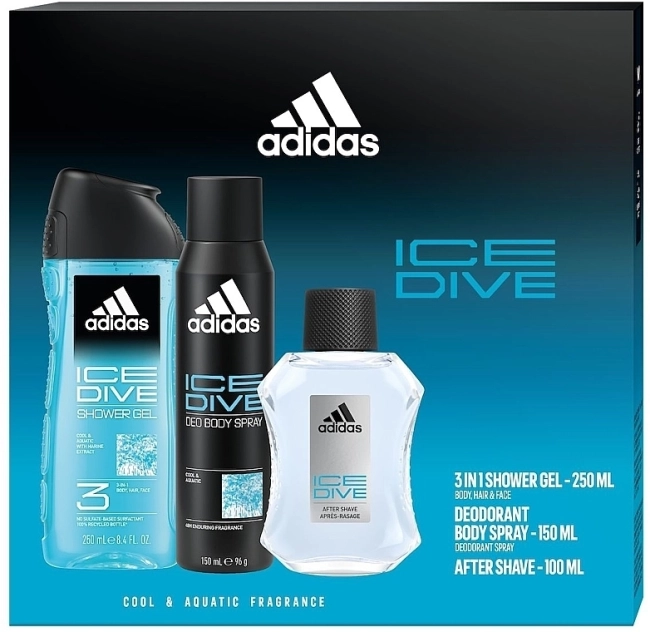 Adidas Men Ice Dive Подаръчен комплект за мъже Дезодoрант 150мл+250мл душ гел 3в1+100мл афтършейф