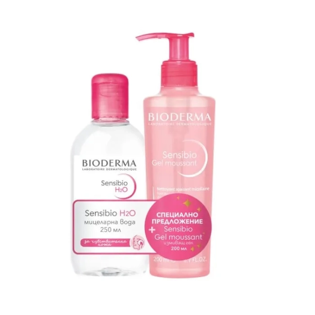 КОМПЛЕКТ Bioderma Sensibio Мицеларна вода за чувствителна кожа 250 мл + Bioderma Sensibio Нежен измиващ гел за чувствителна кожа 200 мл