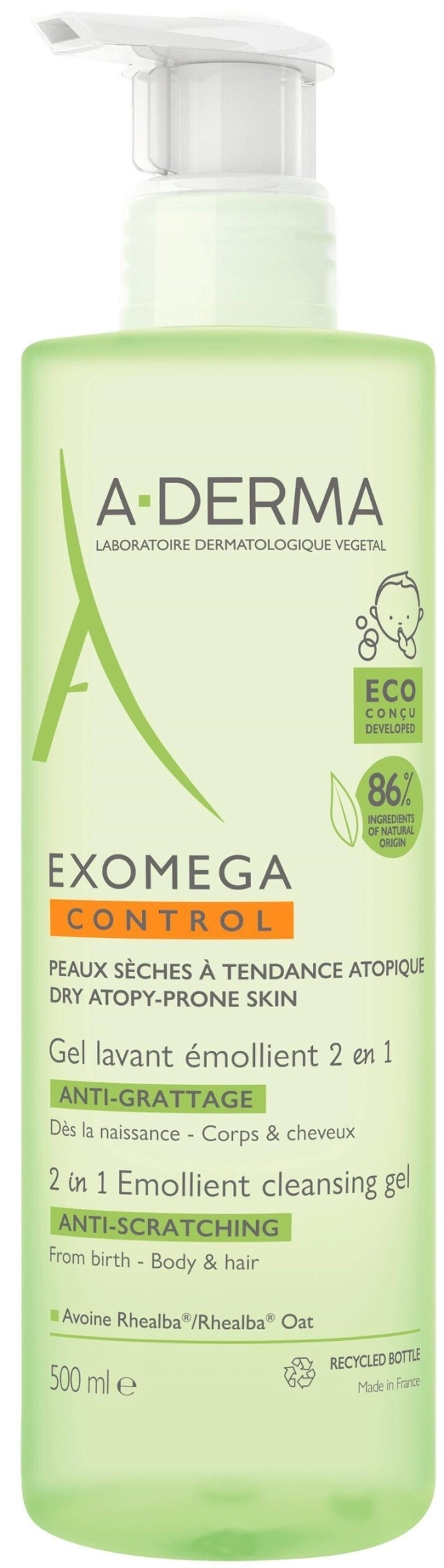 A-Derma Exomega Control Почистващ гел 2 в 1 за коса и тяло 500 мл