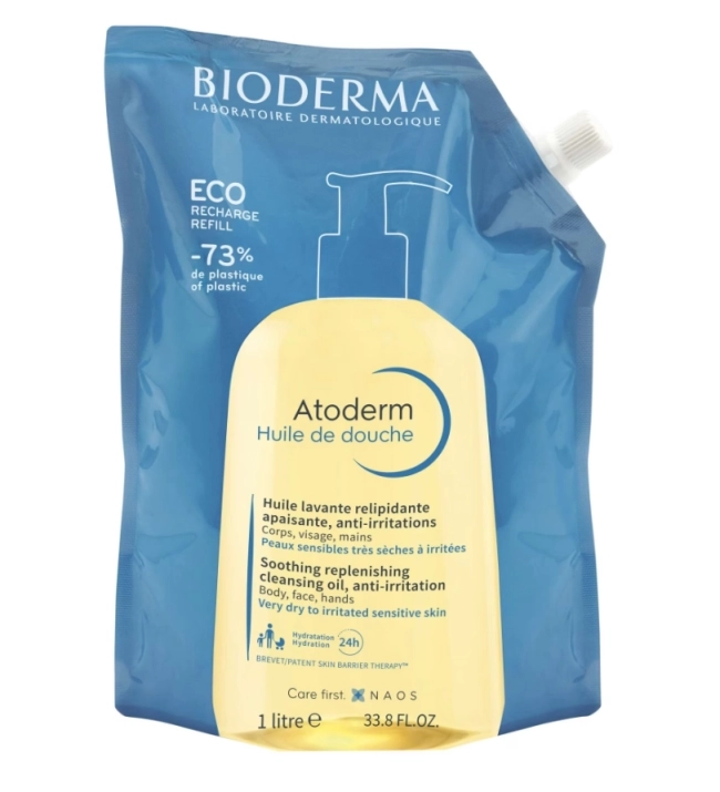 Bioderma Atoderm Интензивно подхранващо душ олио за много суха и атопична чувствителна кожа Екопълнител 1000 мл