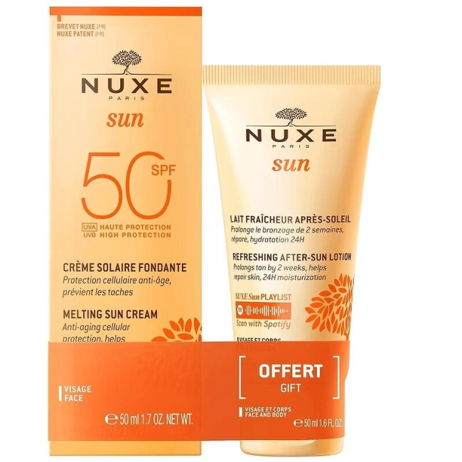 Nuxe Sun Слънцезащитен деликатен крем за лице SPF50 50 мл + Nuxe Sun Лосион за след слънце 50 мл Комплект