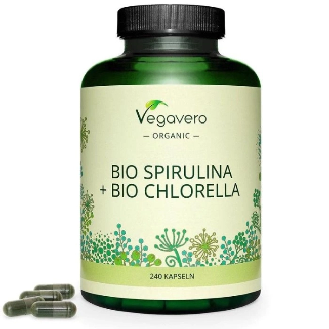Vegavero Био Спирулина + Хлорела - Bio Spirulina + Bio Chlorella, 240 капсули