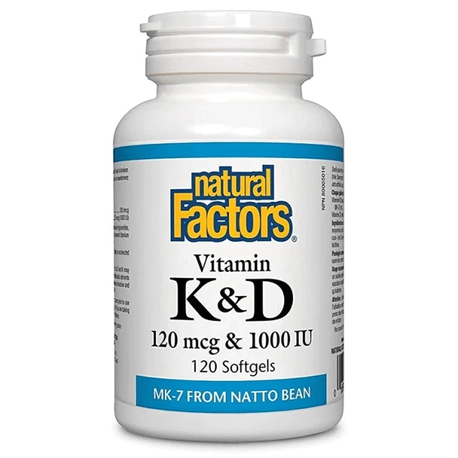 Natural Factors Витамин К2 120 mcg  и D3 1000 IU – здраве за костите и кръвоносните съдове, 120 софтгел капсули