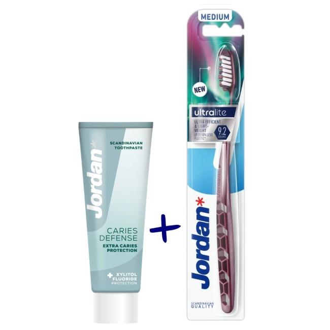 Jordan Комплект Ultralite Четка за зъби Medium+Caries Defense Паста за зъби 75 мл