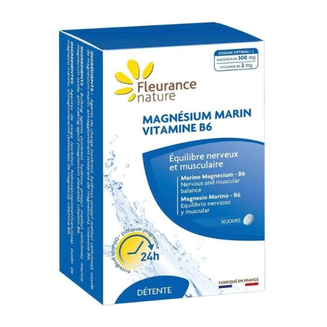 Fleurance Nature При стрес, умора, мускулни схващания - Морски магнезий + Витамин В6, 60 таблетки