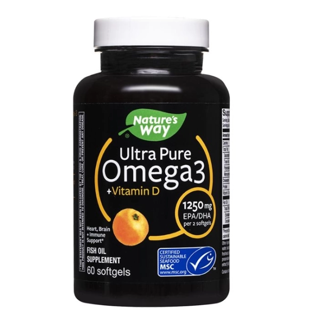 Nature’s Way Ултра пречистено рибено масло с витамин D3 - Омега-3 1250 mg (EPA 750 mg / DHA 500 mg), 60 софтгел капсули