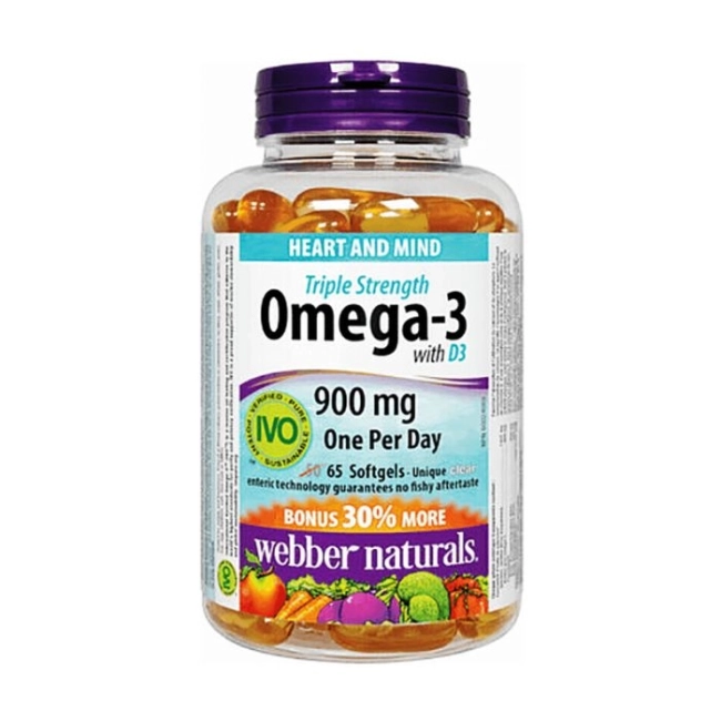 Webber Naturals Omega-3 Triple Strength + Vitamin D3 - Омега-3 (тройна концентрация) + Витамин D3 1000 IU, 65 софтгел капсули