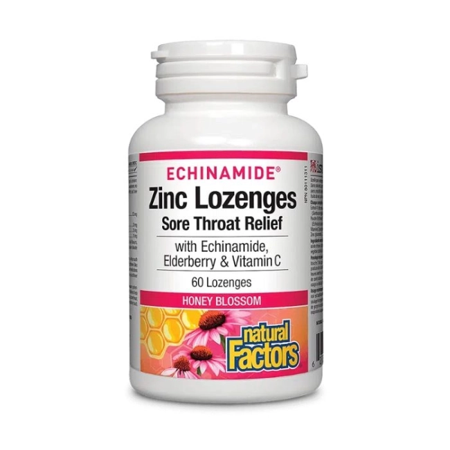 Natural Factors Echinamide® / Цинк, ехинацея, витамин С и черен бъз, 60 таблетки за смучене с вкус на цветен мед