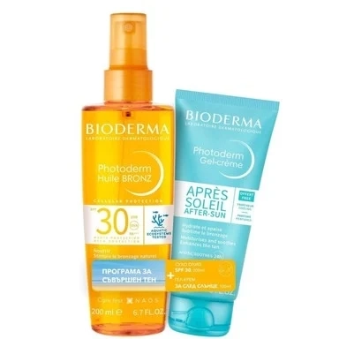 Комплект Bioderma Photoderm Bronz Слънцезащитен спрей SPF30 х200 мл + Apre-Soleil Мляко за след слънце х100 мл