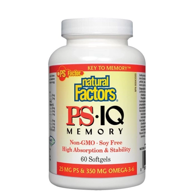 Natural Factors Формула за памет и концентрация PS IQ - С фосфатидилсерин & масла от вечерна иглика и риба тон, 60 софтгел капсули