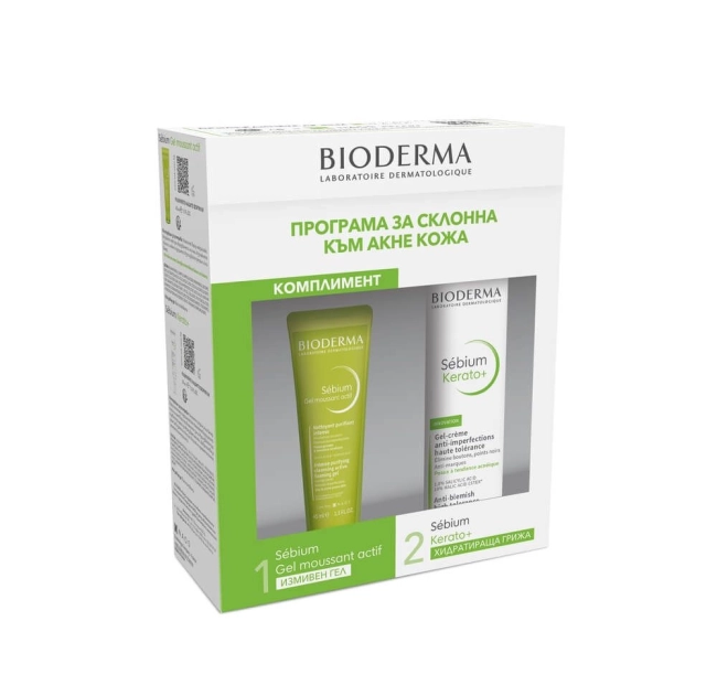 КОМПЛЕКТ Bioderma Sebium Gel Moussant Actif Измиващ гел за мазна и акнеична кожа 45 мл + Kerato+ Гел-крем против несъвършенства 30 мл