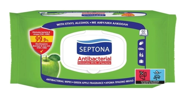 Septona Antibacterial Антибактериални мокри кърпи за ръце с аромат на зелена ябълка 60 бр