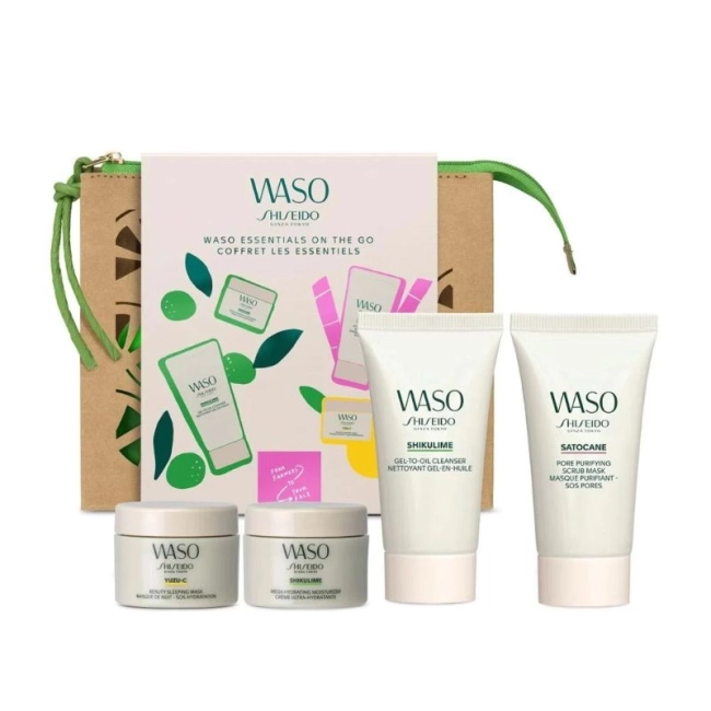 Shiseido WASO Комплект - Mega Hydrating Moisturizer 15 ml + Gel-To-Oil Cleanser 30 ml + Yuzu C Glow 7 ml + Sleeping Mask 15 ml +  Pore Purifying Scrub Mask 30 ml