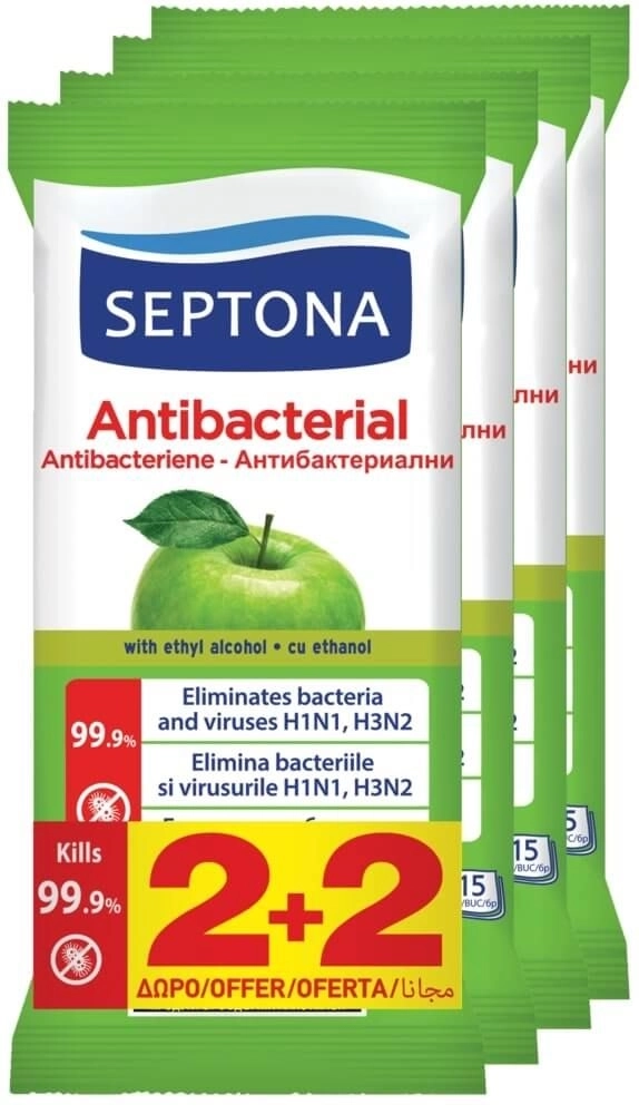 Septona Antibacterial Антибактериални мокри кърпи за ръце с аромат на зелена ябълка 2+2 х15 бр