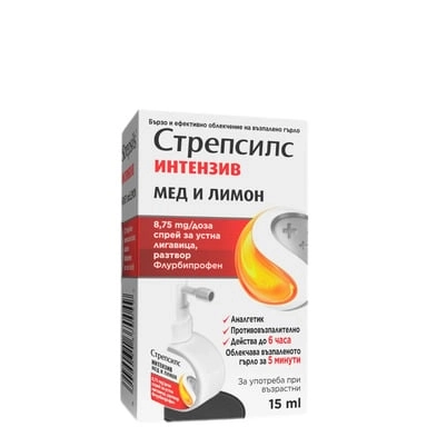 СТРЕПСИЛС ИНТЕНЗИВ МЕД И ЛИМОН спрей 8.75мг/доза разтвор 15мл.