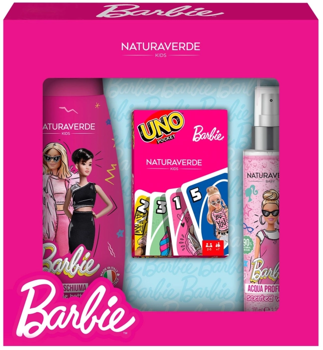 NATURAVERDE Подаръчен комплект за момиче Barbie Пяна за вана, парфюм и карти за игра