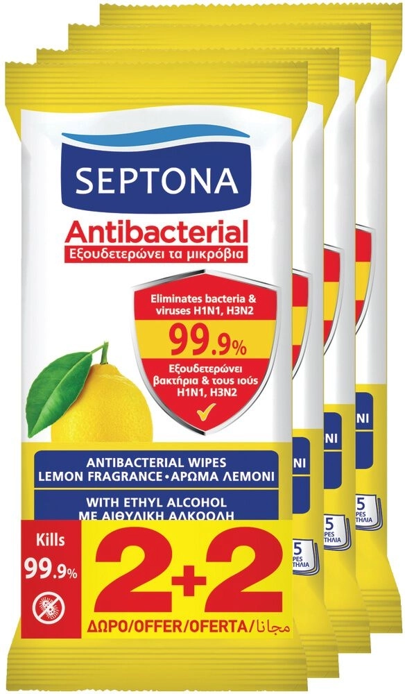 Septona Antibacterial Антибактериални мокри кърпи за ръце с аромат на лимон 2+2 х15 бр